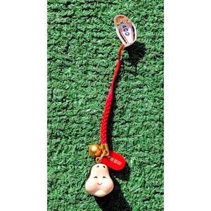 Asian Amulet Charm Red Strap Japanese Chubby Cheeks Pear Face Tassle w/Bell EUC